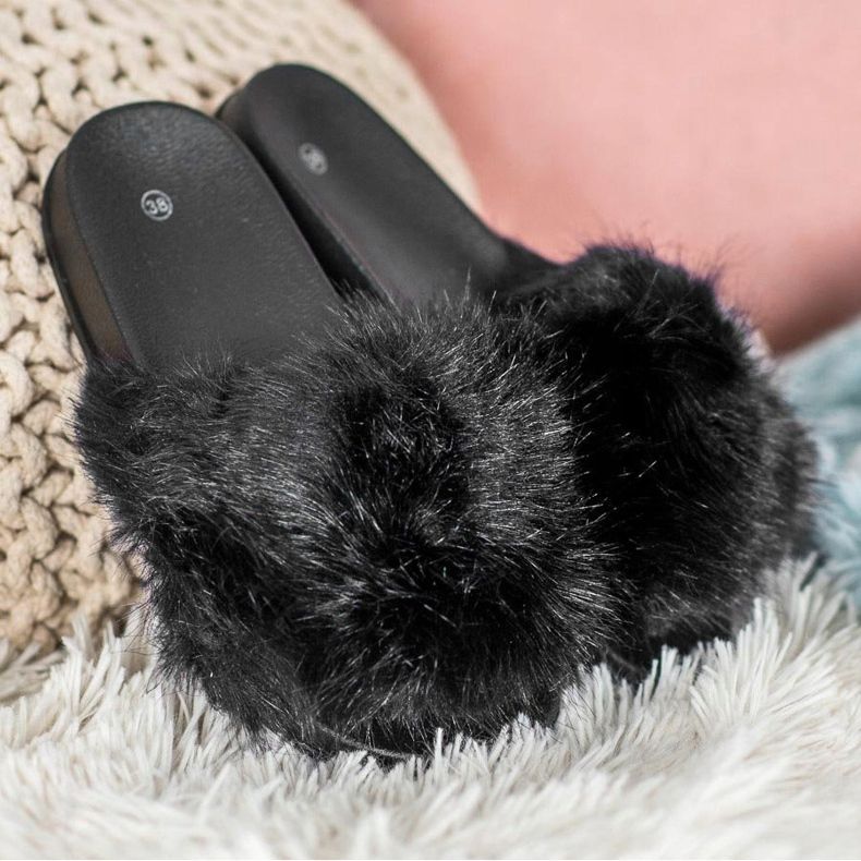 SHELOVET Papuci confortabili din blană negru 1
