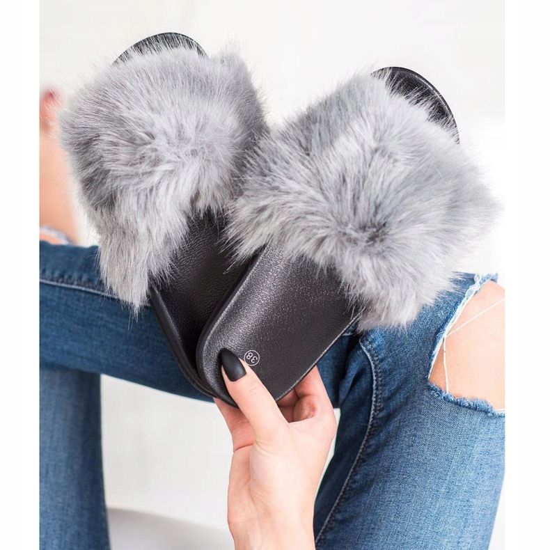 SHELOVET Papuci confortabili din blană gri 2