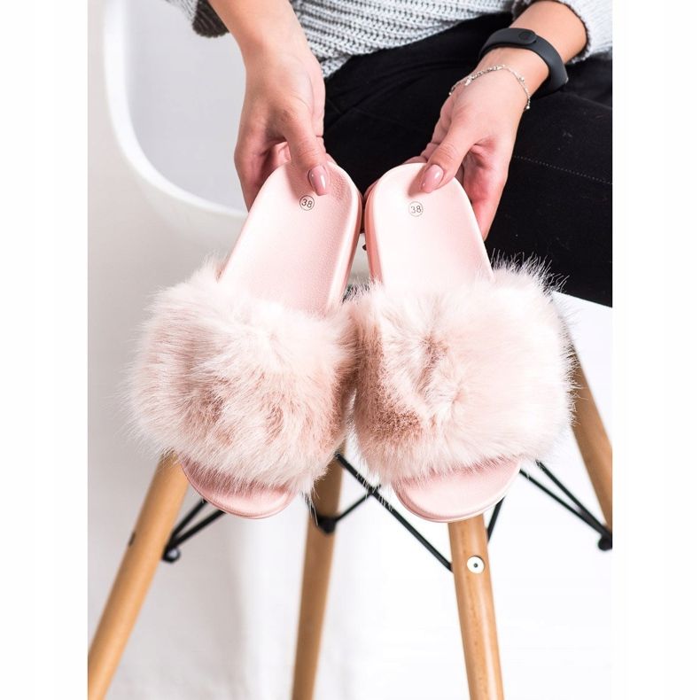 SHELOVET Papuci confortabili din blană roz 1