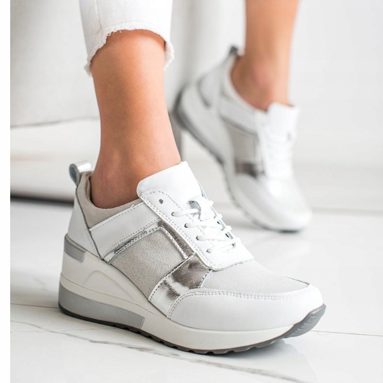 Adidași din piele cu sclipici VINCEZA alb argint 2