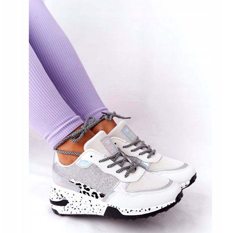 NEWS Adidași pentru femei, cu toc alb, cu brocart Avery 21SP26-3974 negru argint 3