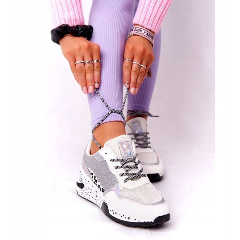 NEWS Adidași pentru femei, cu toc alb, cu brocart Avery 21SP26-3974 negru argint 2