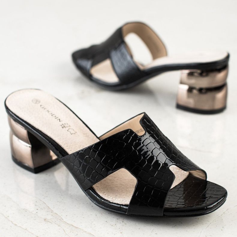 Goodin Papuci negri cu toc decorativ negru 1