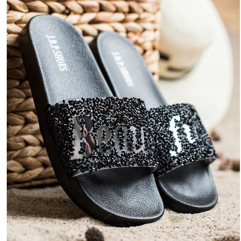 SHELOVET Frumoși papuci cu cristale negru 1