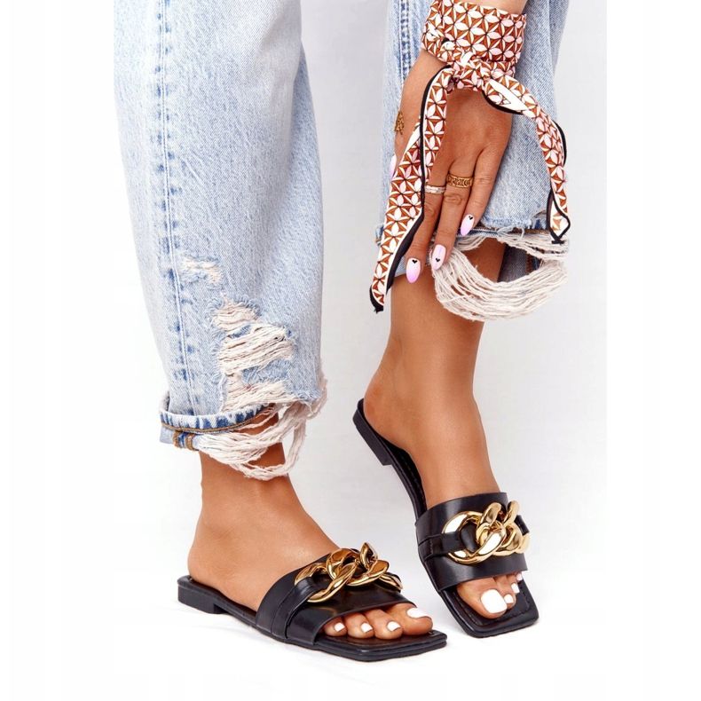 Papuci din piele cu un lanț sărut francez negru de aur 2