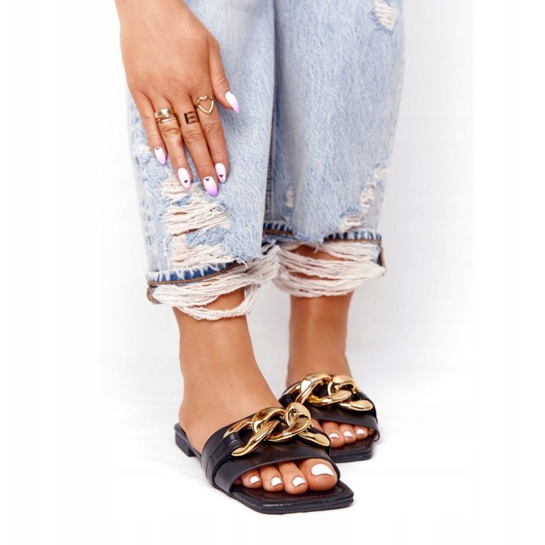 Papuci din piele cu un lanț sărut francez negru de aur 3