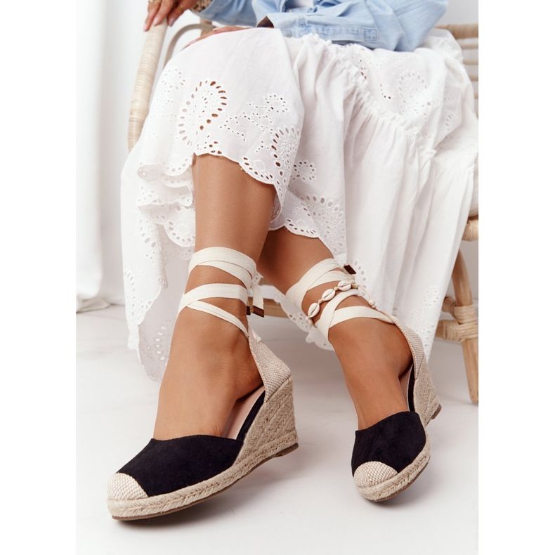 PG1 Sandale neagră nedite cu panglică bej negru 2