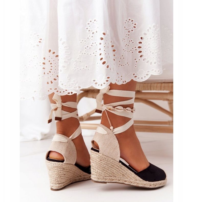 PG1 Sandale neagră nedite cu panglică bej negru 1