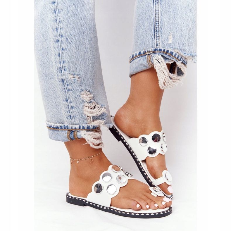 PS1 Papuci din piele cu pietre strase Ava albă 2 PS1 Papuci din piele cu pietre strase Ava albă 2