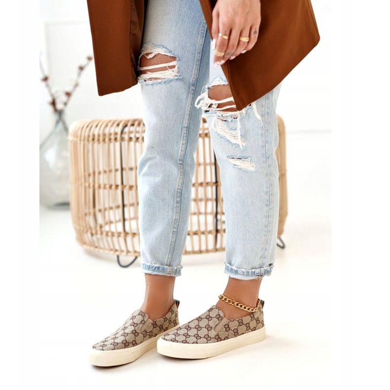 Adidași logați pentru femei Slip-On Khaki Challenge bej maro 1