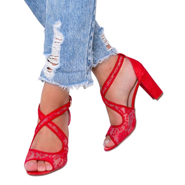 Sandale roșii din dantelă pe stâlpul Beth roșu 1