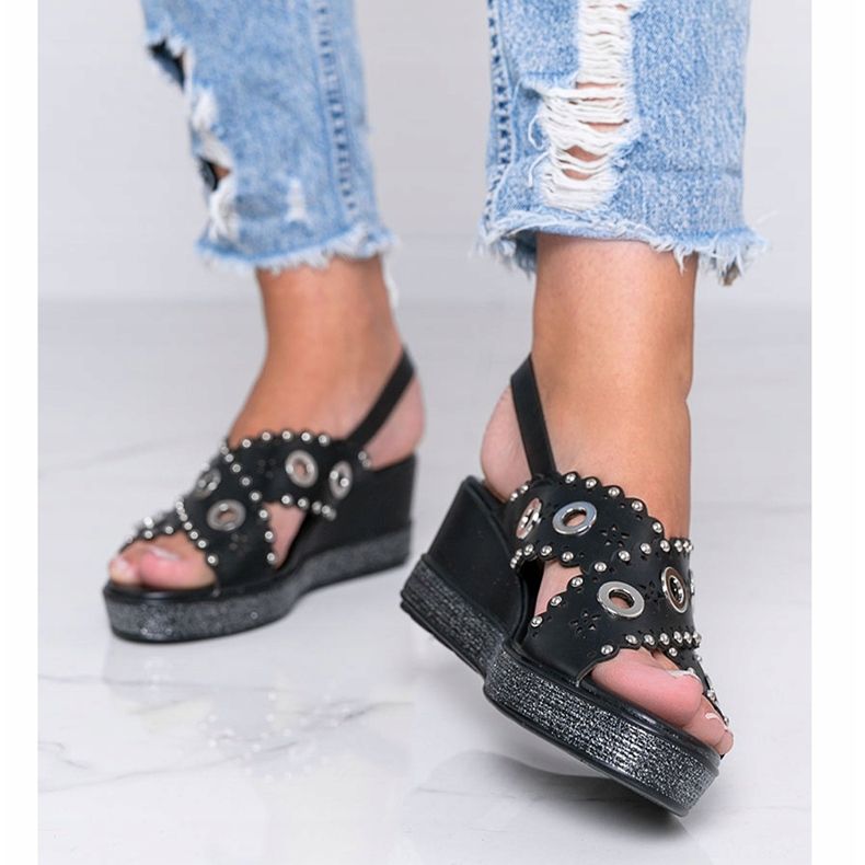 Sandale cu pene metalice negre Luni negru 1