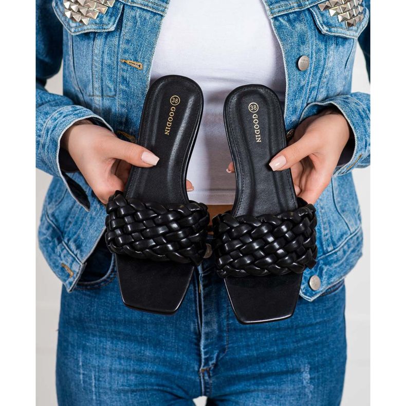 Goodin Papuci din piele ecologică împletită negru 2
