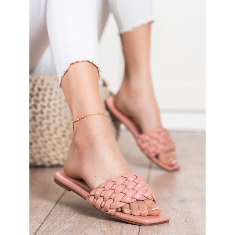 Goodin Papuci din piele ecologică împletită roz 1