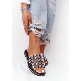 PS1 Papuci din piele ajurată cu pietre de stras Alana neagră negru 1