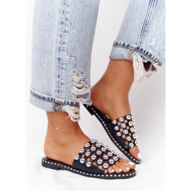 PS1 Papuci din piele ajurată cu pietre de stras Alana neagră negru 2