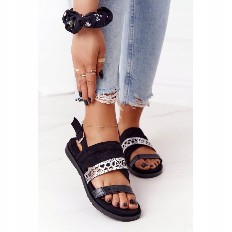 EVE Sandale din piele de damă negru și argintiu Asturias 2