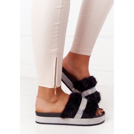 PS1 Papuci negri pe platformă cu blană și zirconiu cubic Impress negru 2