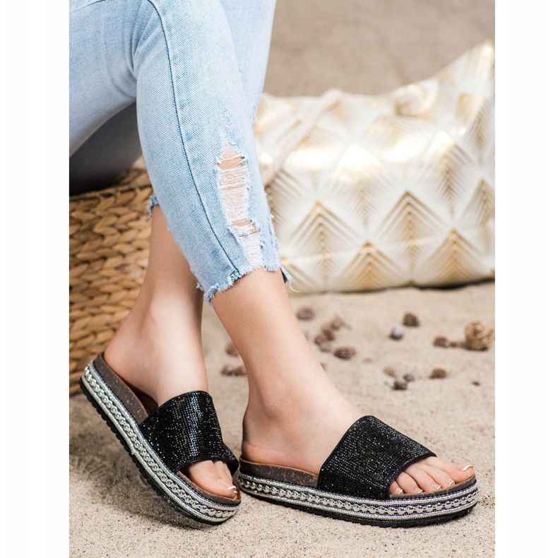 SHELOVET Papuci de cristal de moda negru 1