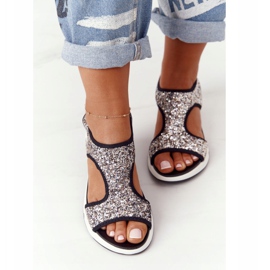 S.Barski Sandale slip-on argintii cu brocart Zoey negru 1