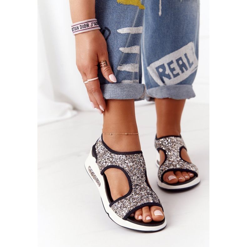 S.Barski Sandale slip-on argintii cu brocart Zoey negru 2