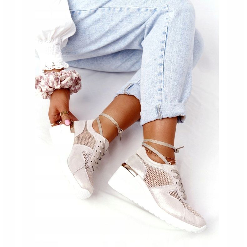 Adidași din piele cu o plasă S.Barski Golden bej de aur 5