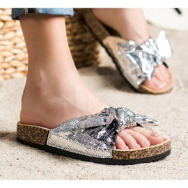 SHELOVET Papuci strălucitori cu fundă argint 1