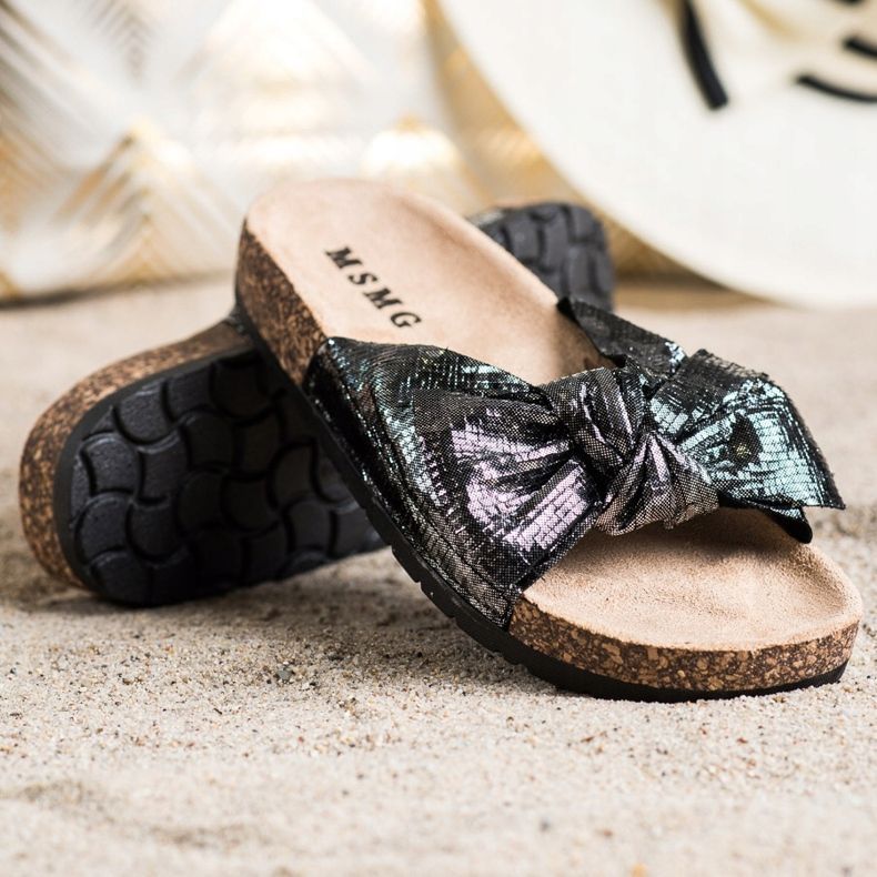 SHELOVET Papuci strălucitori cu fundă negru 1