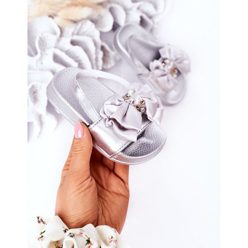 FRROCK Diapozitive pentru fete pentru copii Bow Pearl Silver Senari gri 2