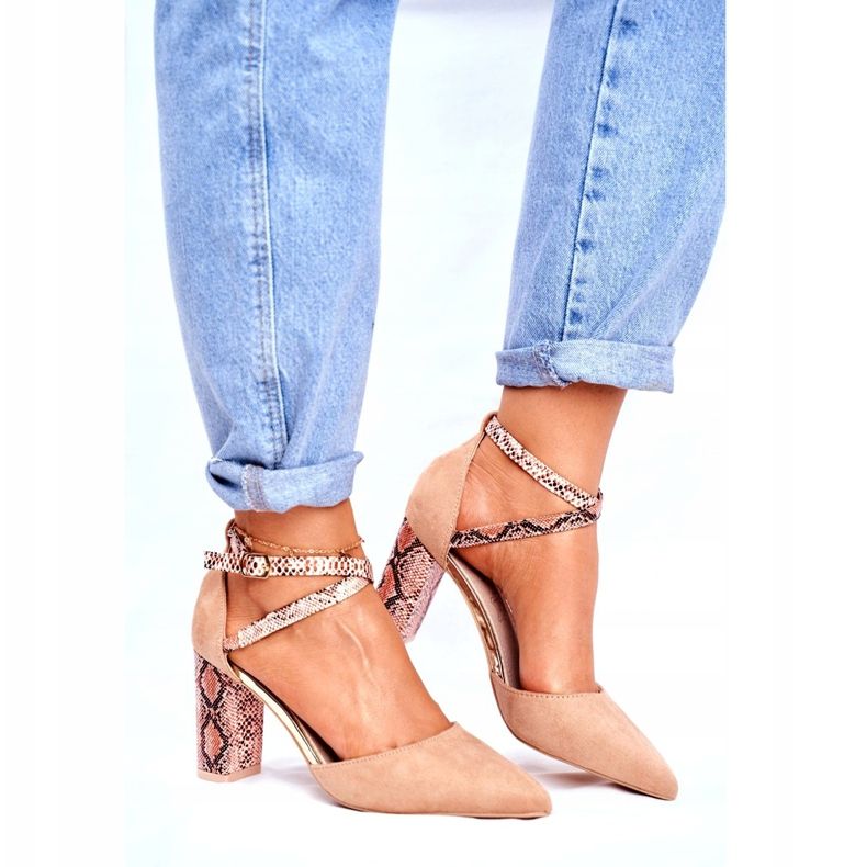 S.Barski Pompă de damă pe toc de șarpe bej bej împreună maro 2