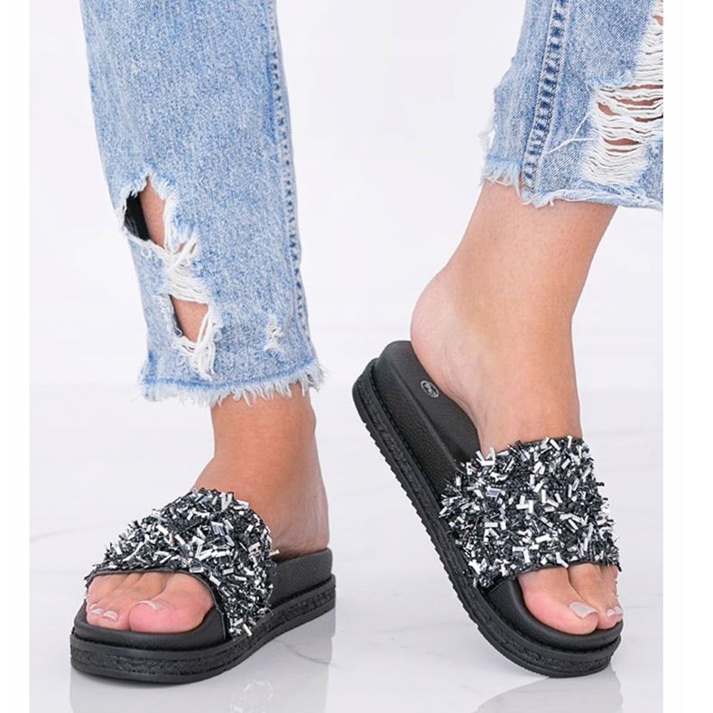 Papuci negri cu zirconiu cubic Love Bling negru 1