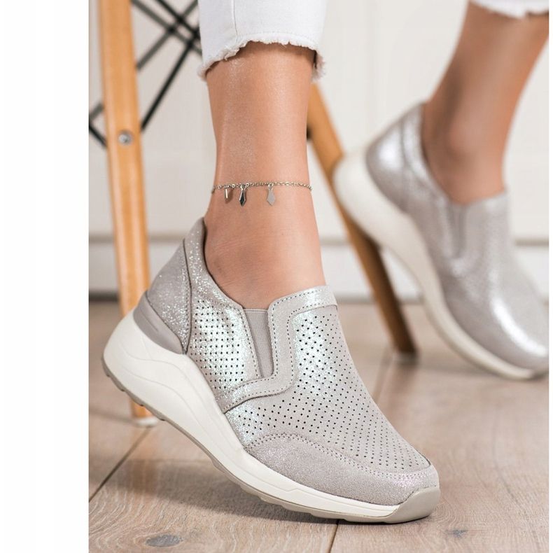 Goodin Adidași din piele cu sclipici bej 2