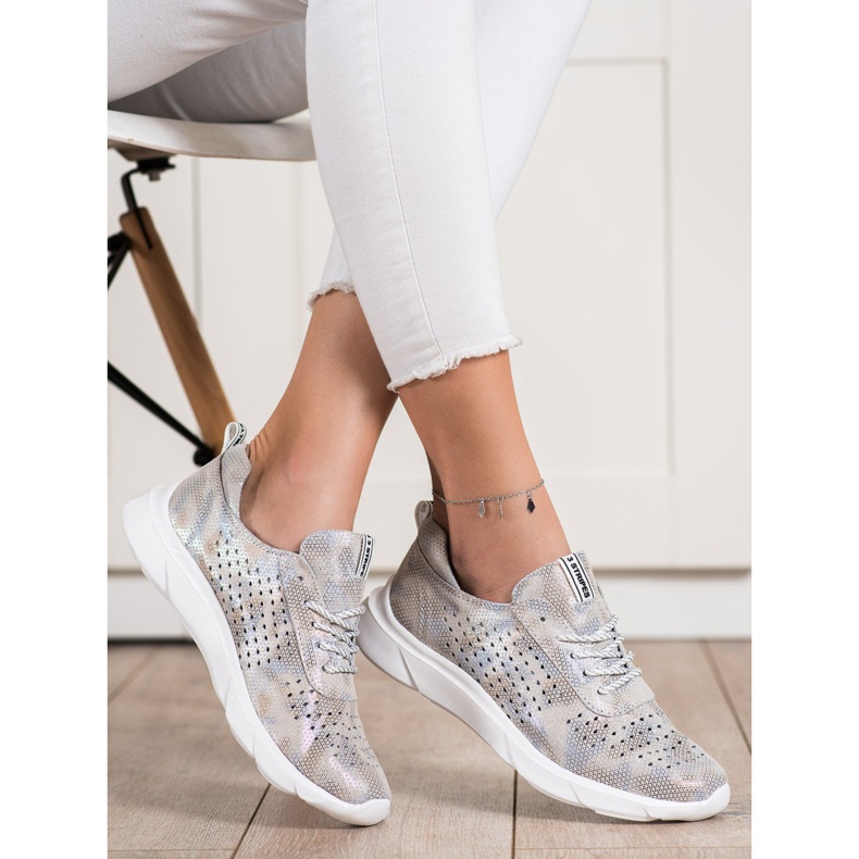 Goodin Adidași din piele strălucitoare bej gri de aur 2