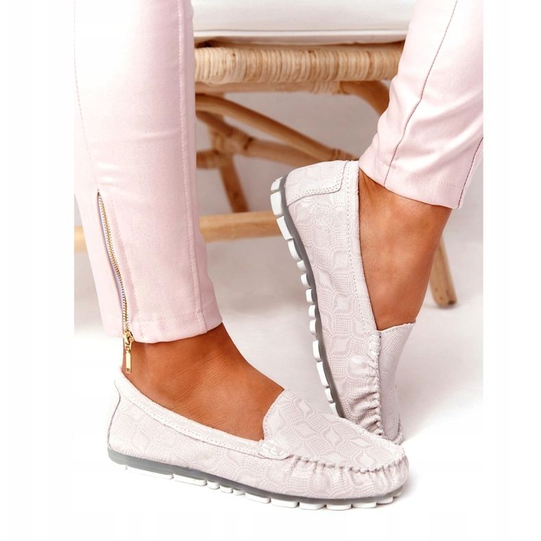 Mocasini din piele ecologici Rio Flore Bej gri 3