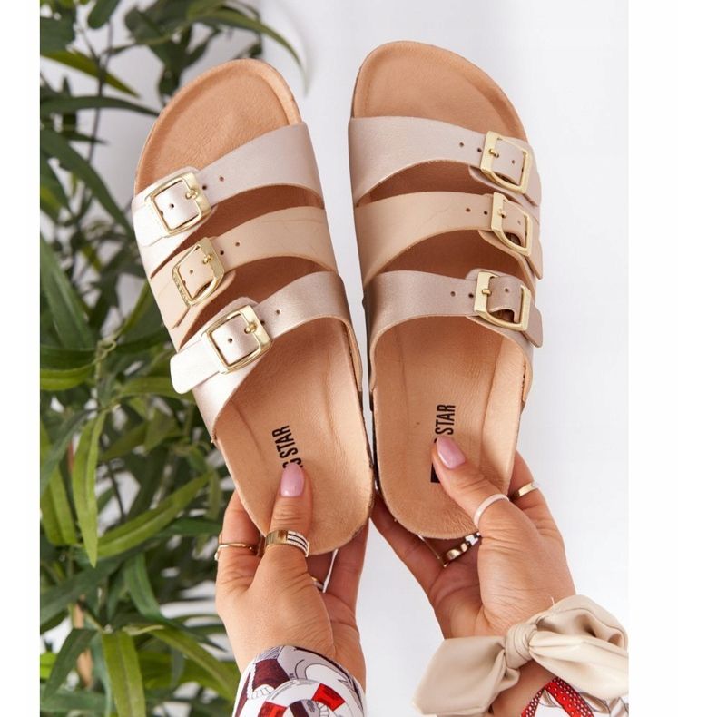 Papuci cu profil din piele Big Star HH274585 Bej și auriu de aur 1