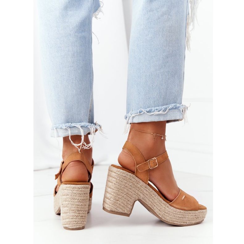 Big Star Sandale pe toc înalt cu o stea mare împletită HH274394 Camel maro 2