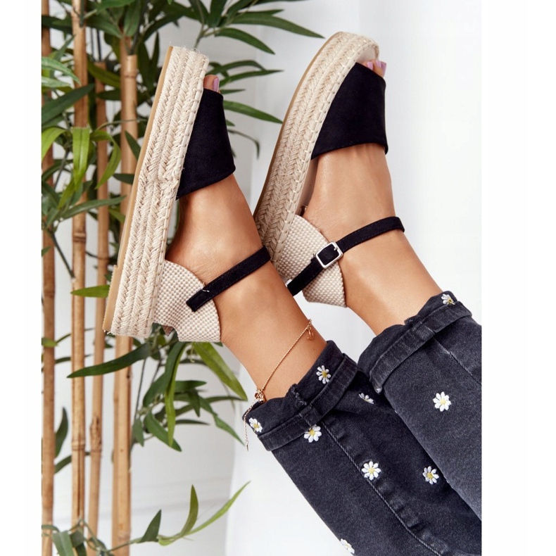 Sandale negre Megara negre pe platforma împletită bej negru 1