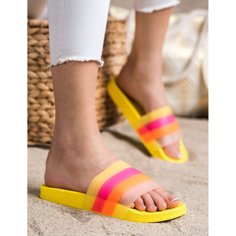 Bona Flip-flops confortabile cu dungi colorate galben 2