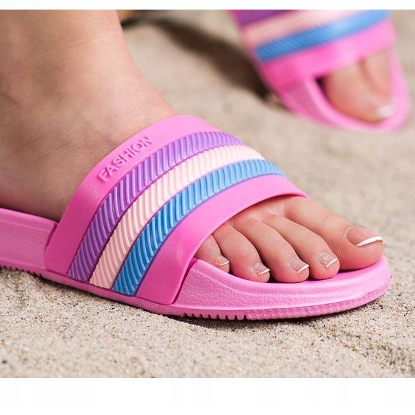 Bona Papuci cu dungi colorate roz 2