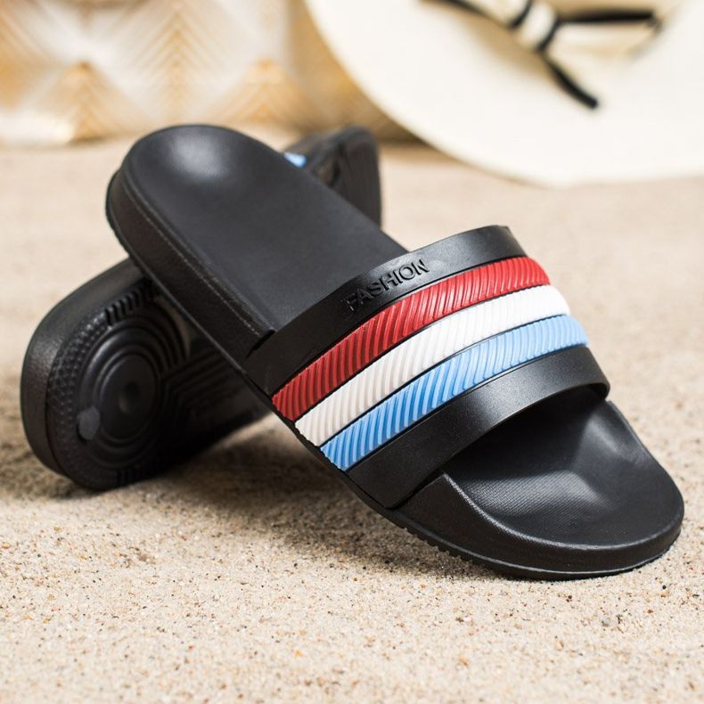 Bona Papuci cu dungi colorate negru 1