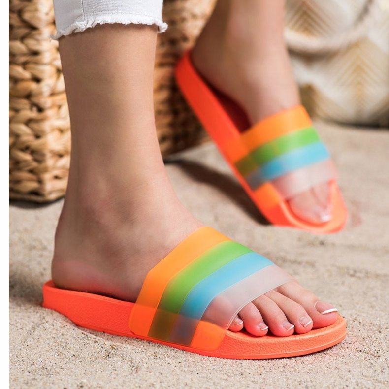 Bona Flip-flops confortabile cu dungi colorate portocale 2