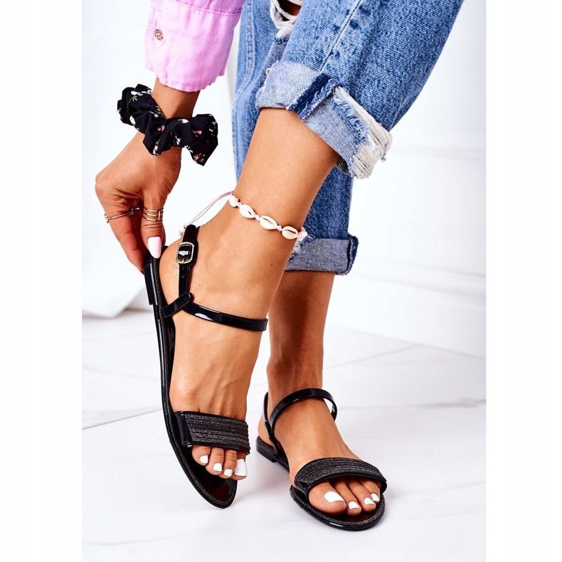 LU BOO Sandale de cauciuc cu sclipici negru Beach Time 2