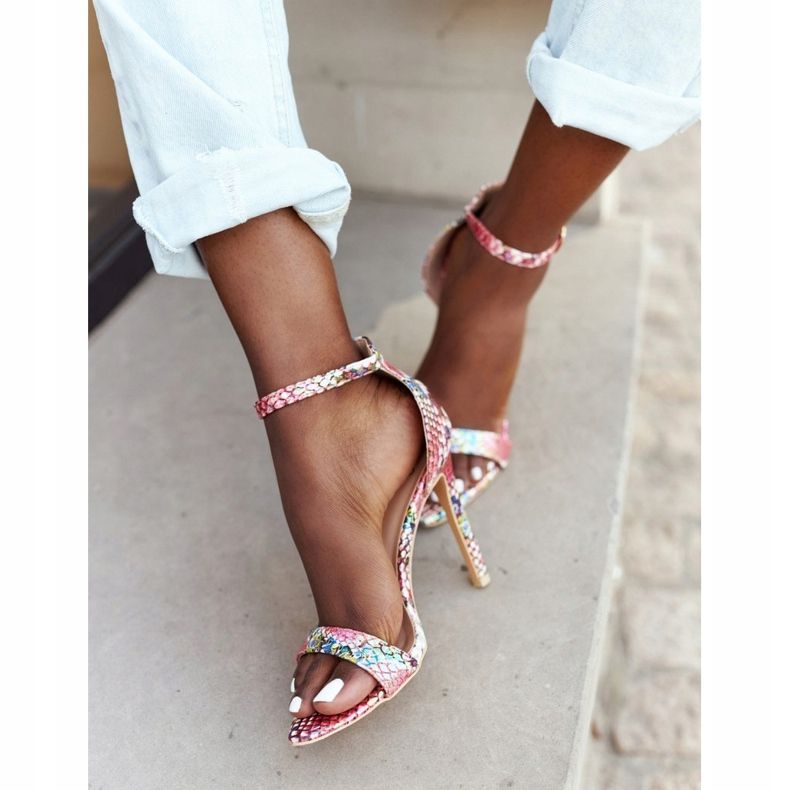 Sandale pe toc înalt cu model șarpe Lu Boo Pink roz multicolor 1