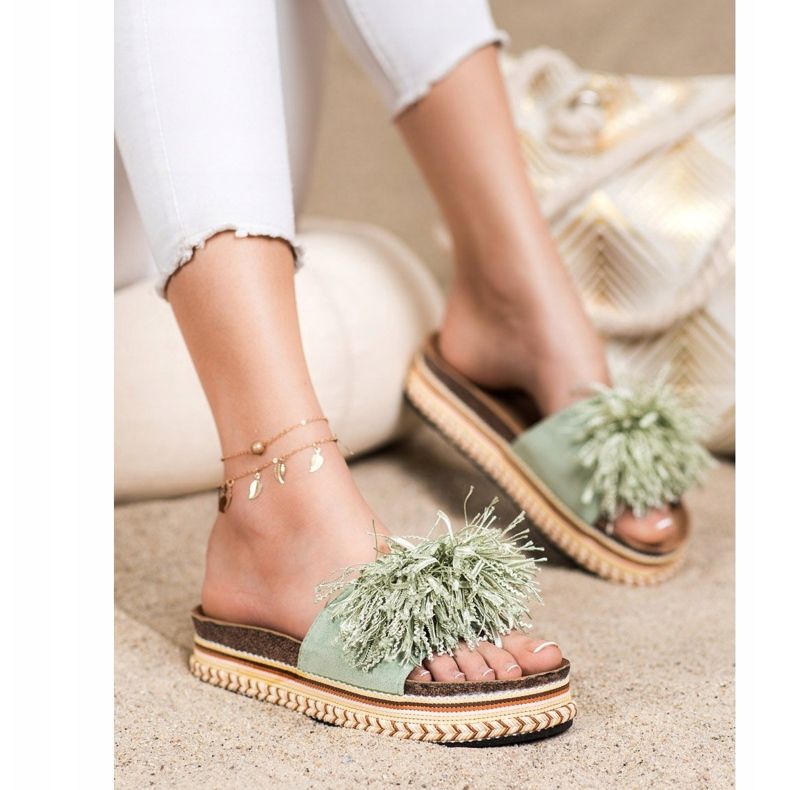 SHELOVET Papuci la modă cu franjuri verde 1
