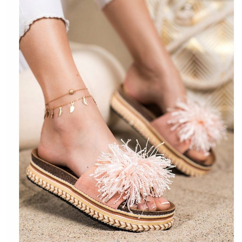 SHELOVET Papuci la modă cu franjuri roz 1 SHELOVET Papuci la modă cu franjuri roz 1