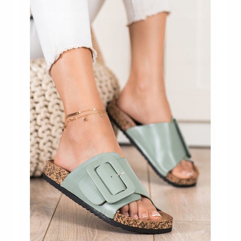 SHELOVET Papuci din piele ecologică cu cataramă verde 1