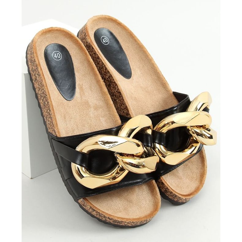 Papuci negri cu lanț gros negru CK201 Negru 1