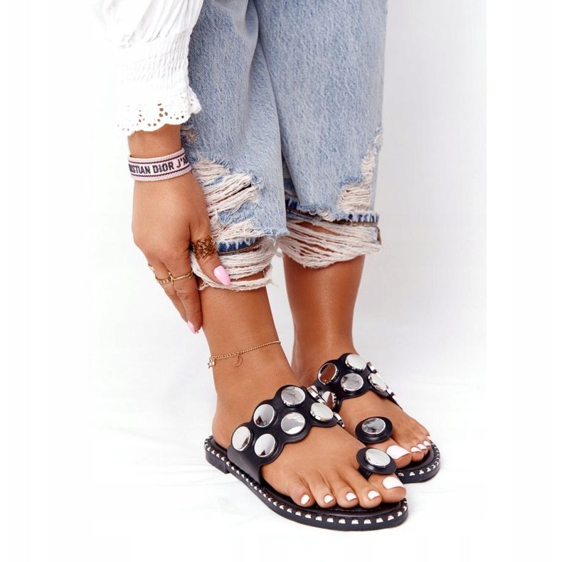 PS1 Papuci din piele ecologică cu jeturi SK78P Negru Ava argint 4 PS1 Papuci din piele ecologică cu jeturi SK78P Negru Ava argint 4