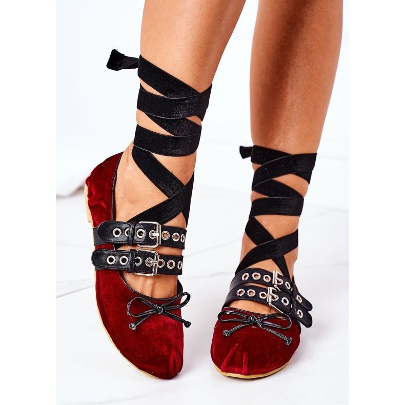 Tied Velour Ballerinas Lu Boo Burgundy roșu 2