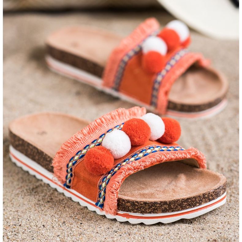 SHELOVET Papuci la modă cu pompoane portocale 1